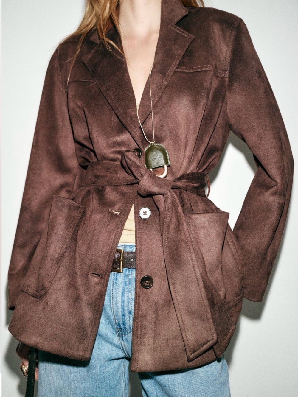 Zara Brown Suede Tie-Waist Blazer Jacket